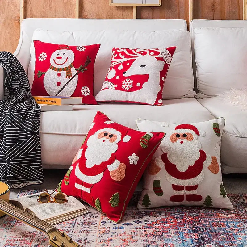 Decorbites christmas embroidered red and white cushion cover featuring snowman deer santa and festive motifs