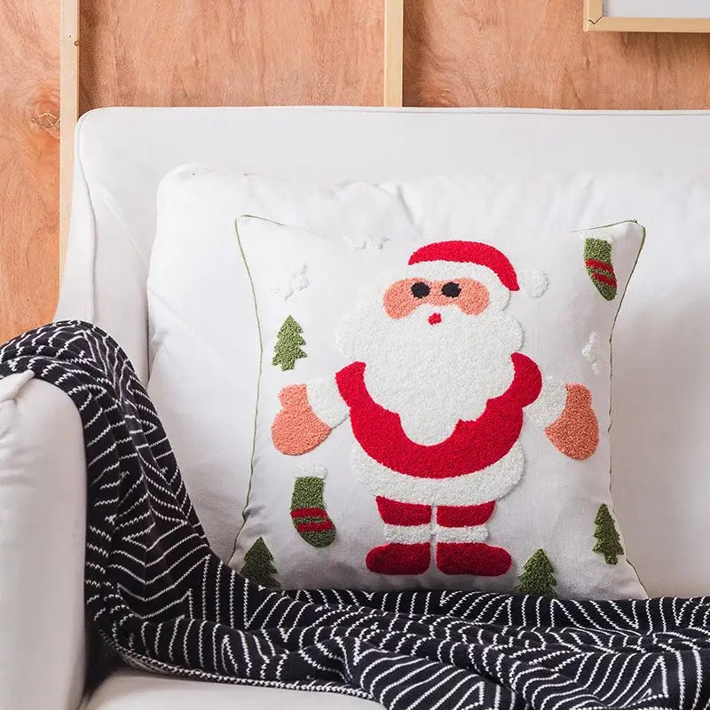 White pillow cushion cover with fluffy embroidered santa claus and green pine trees decorbites christmas embroidered