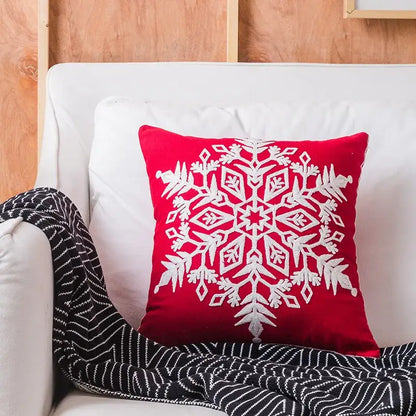 Decorbites christmas embroidered red velvet cushion cover with intricate white embroidered snowflake design