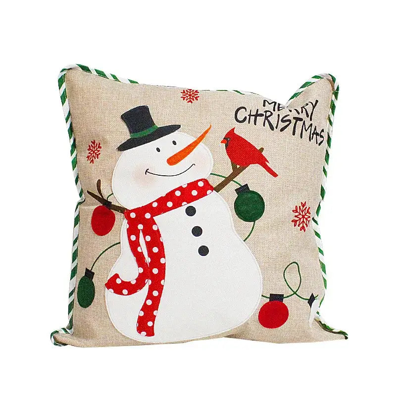 Beige linen decorbites christmas embroidered pillowcase with snowman, cardinal bird, and festive ornaments 45x45cm
