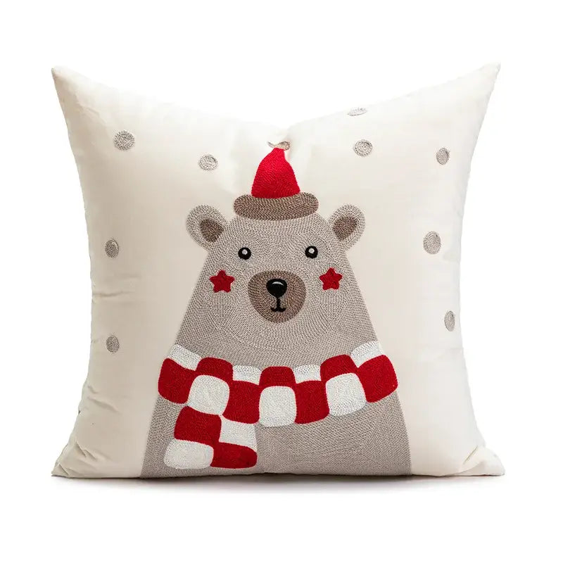 Cream-colored decorbites christmas embroidered cushion cover with red santa bear and silver sequin snowflakes festive design