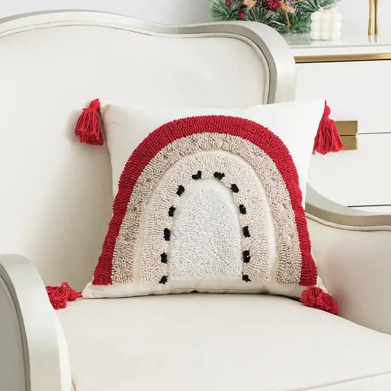 Decorbites christmas embroidered cushion cover featuring a cozy white fabric with red geometric tufted arcs and tassels