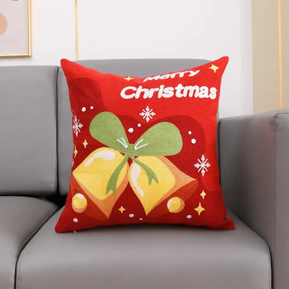 Red cotton decorbites christmas embroidery cushion cover with merry christmas text green bow and golden bells