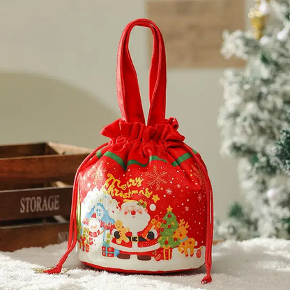 Red velvet decorbites christmas eve apple bag with festive santa reindeer and snowflake print handheld gift bag