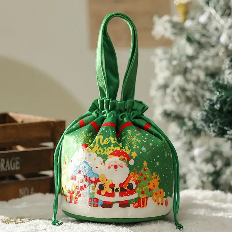 Green drawstring christmas apple bag by decorbites christmas eve featuring santa design with red and gold accents