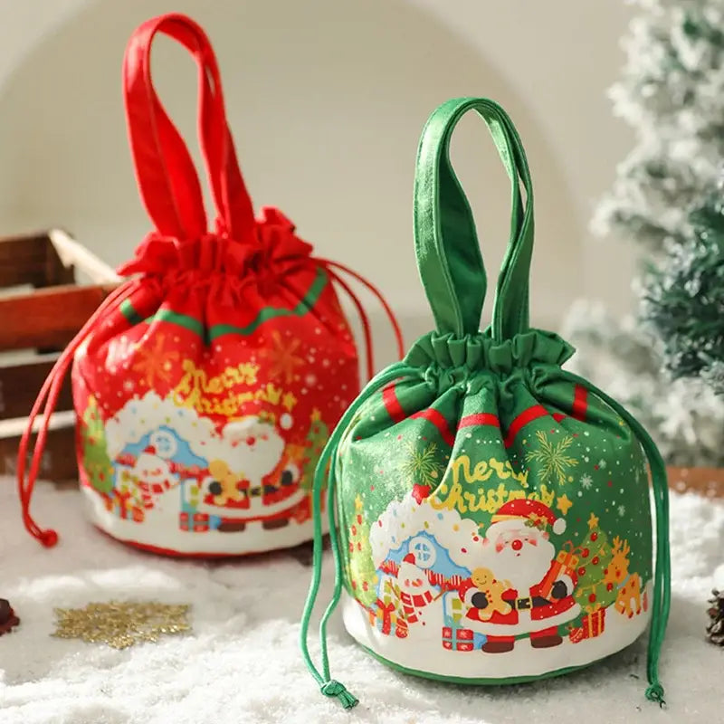 Green drawstring decorbites christmas eve apple bag with festive santa claus design red and gold accents for santa candy