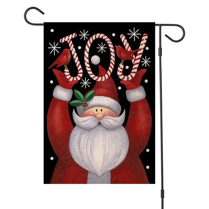 Red and white santa claus garden flag with candy cane joy lettering and cardinal birds decorbites christmas festive design