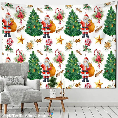 Decorbites christmas fireplace tapestry wall hanging with santa claus green pine trees candy canes and golden stars