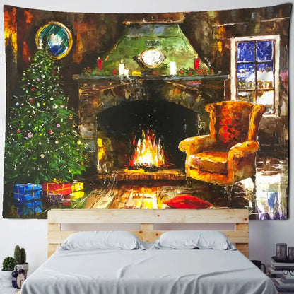 Cozy DecorBites Christmas fireplace tapestry wall hanging featuring a stone fireplace, ornate armchair, and decorated tree