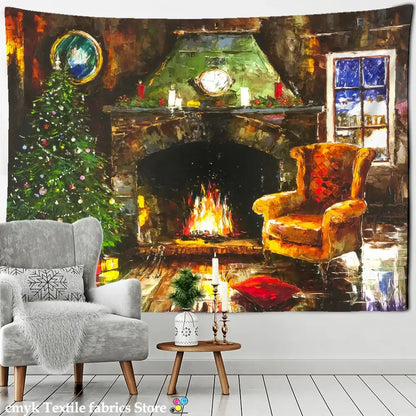 Cozy rustic decorbites christmas fireplace tapestry wall hanging featuring a stone fireplace and festive christmas tree