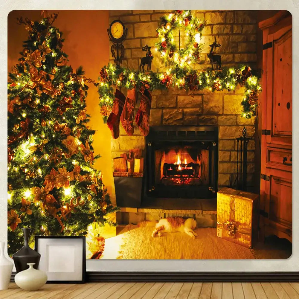 Festive decorbites christmas fireplace tree tapestry wall hanging featuring a decorated christmas tree with golden ornaments and lights