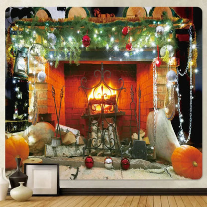 Decorbites christmas fireplace tapestry wall hanging with glowing lights green garlands red ornaments and pumpkins above brick hearth