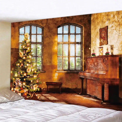 Decorbites christmas fireplace tapestry wall hanging with warm-toned sunlit room and ornate wooden piano design