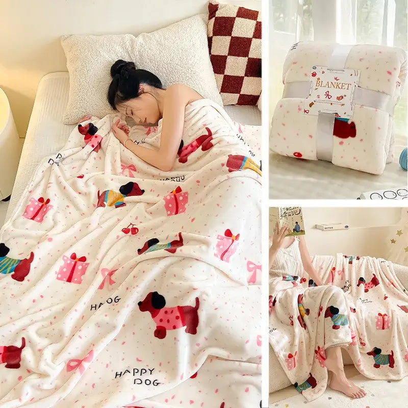 A cozy white decorbites christmas flannel blanket featuring playful red and pink cartoon dogs with festive gift designs