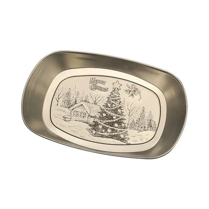 Silver metallic DecorBites™ christmas fruit tray with engraved festive scene and merry christmas text for holiday serving