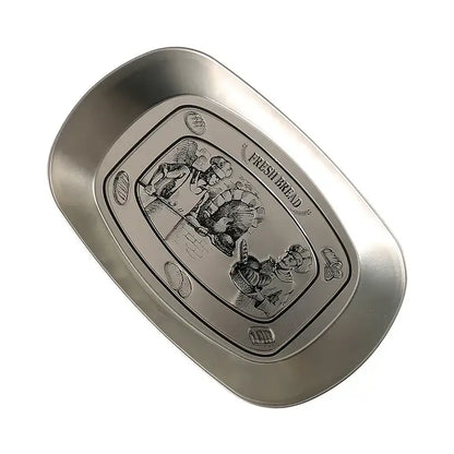 Silver metallic christmas fruit tray with embossed baker and bread design and fresh bread text on edge for DecorBites