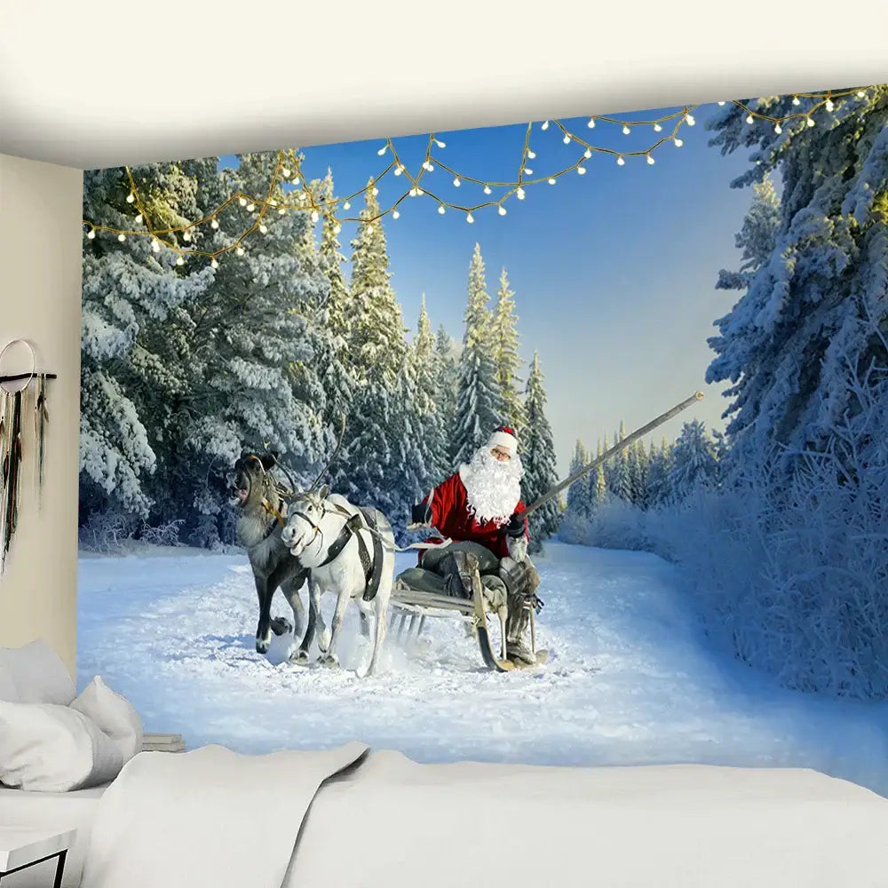 Decorbites christmas god deer tapestry featuring santa in red suit riding sleigh with two reindeer through snowy forest