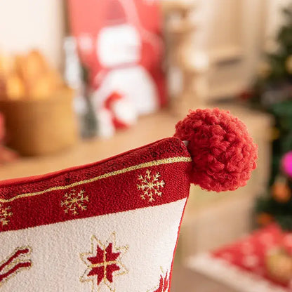 Red and white decorbites christmas jacquard elk pillow cover with gold snowflake embroidery and fluffy red pom pom