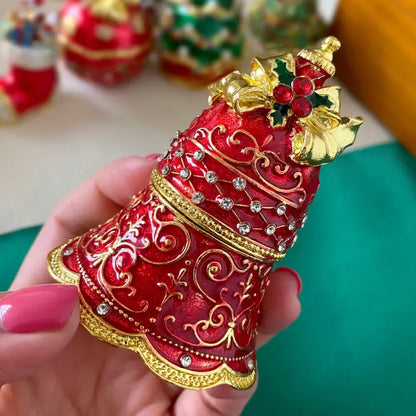 Decorbites christmas jingle trinket box in red and gold with rhinestones holly and intricate filigree design