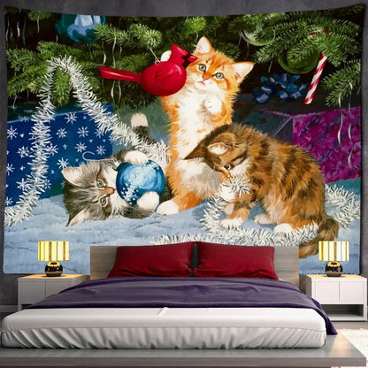 Decorbites christmas kitten snowman tapestry featuring three playful kittens with holiday decor hanging above a bed