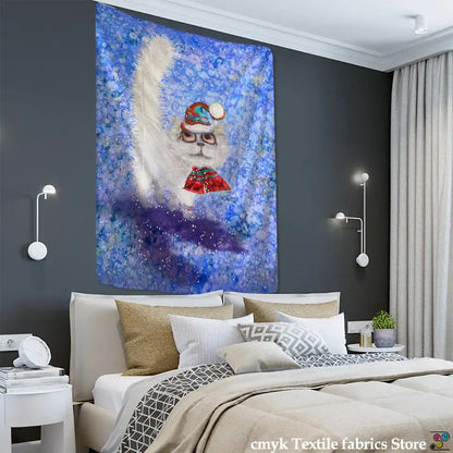 Decorbites christmas kitten tapestry featuring a festive white squirrel with santa hat on blue cosmic background