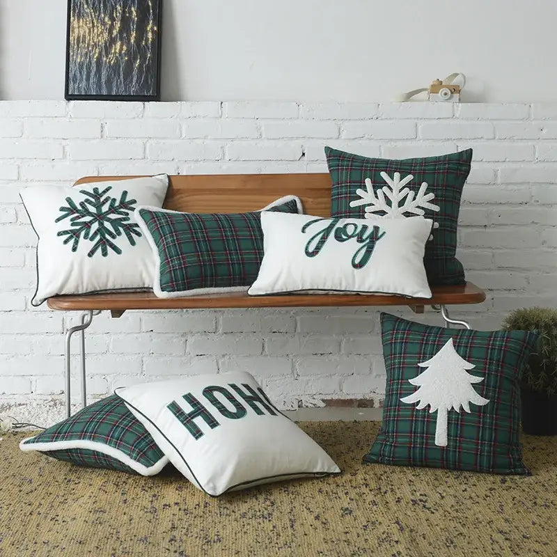 Set of decorbites christmas letter embroidery plaid throw pillows in green and white with festive snowflakes and trees
