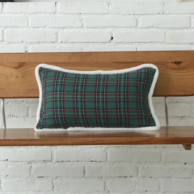 Rectangular green and red plaid decorbites christmas letter embroidery cushion cover with white faux fur trim