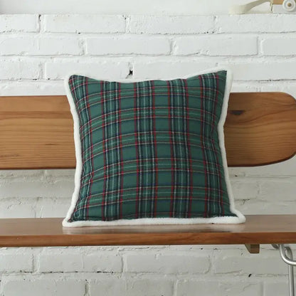 Cozy square decorbites christmas letter cushion cover with green red white plaid and plush white fleece trim