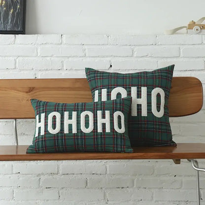 Decorbites christmas letter green plaid throw pillows with white ho ho ho christmas letter embroidery design