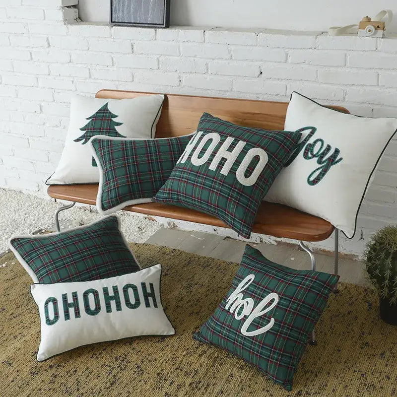 Decorbites christmas letter green and white plaid throw pillows with festive letter embroidery for holiday decor