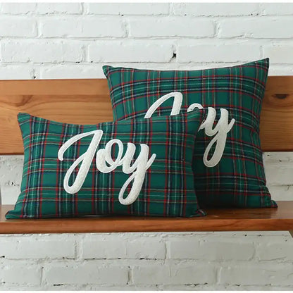 Decorbites christmas letter embroidery plaid cushion cover set with green plaid throw pillows and white joy lettering