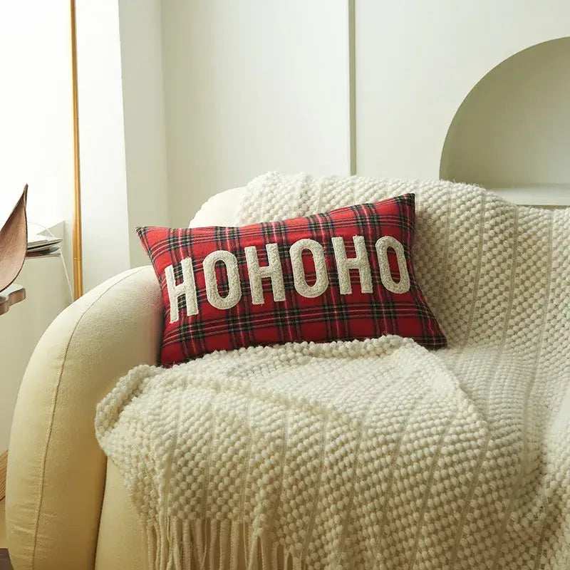 Red plaid pillow with cream-colored christmas letter embroidery hohoo from decorbites christmas letter cushion set