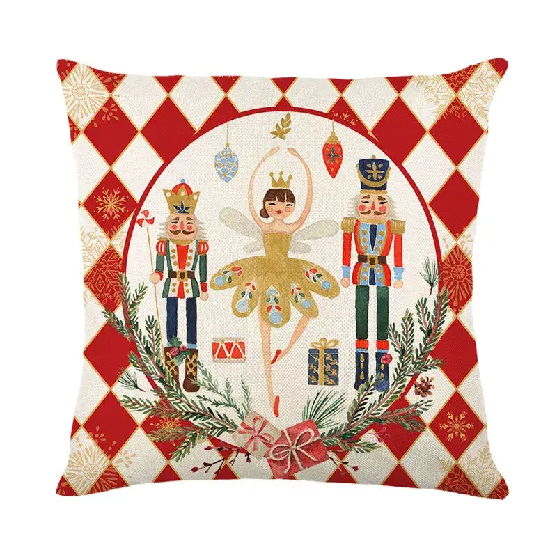 Red and white diamond patterned linen pillow cover with christmas letter print featuring nutcrackers and golden fairy wreath by decorbites christmas letter