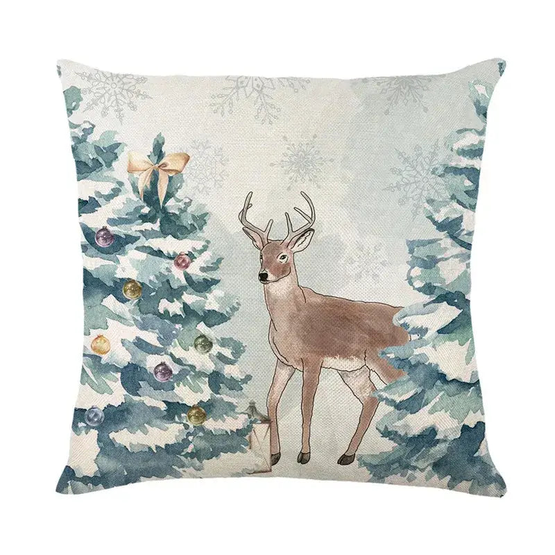 Beige linen pillow cover featuring a decorbites christmas letter print with a brown deer and festive snowflake design