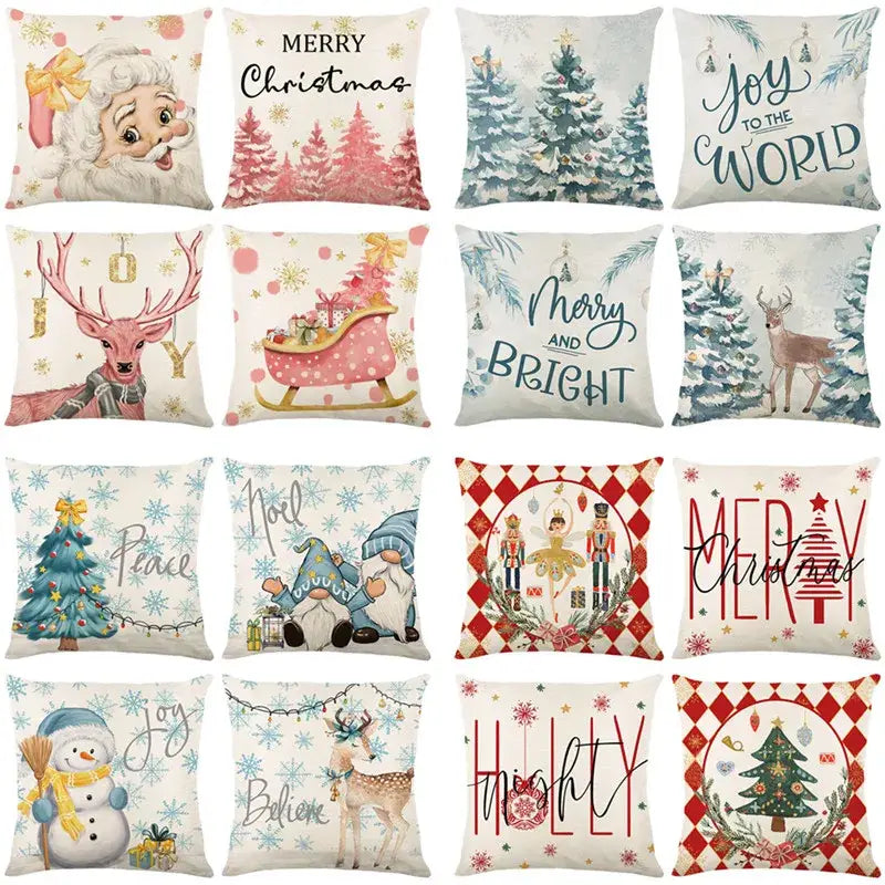 A collection of decorbites christmas letter print linen pillow covers featuring pastel santa and holiday illustrations
