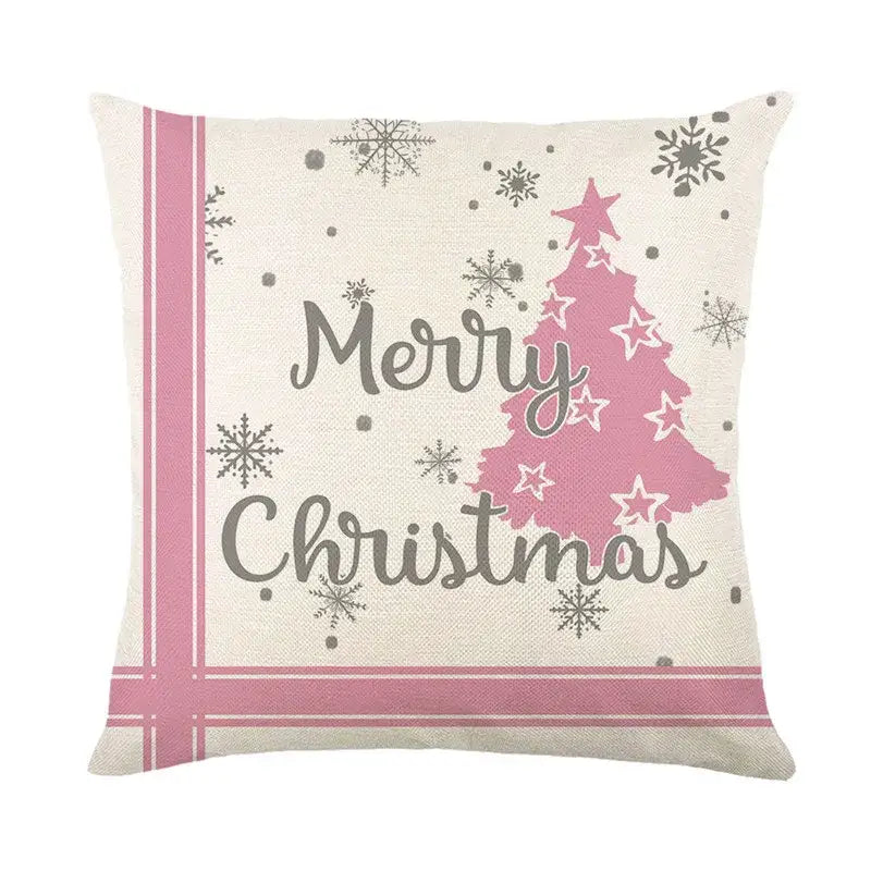 Pink and gray linen pillow cover with decorbites christmas letter print and festive tree design for holiday decor