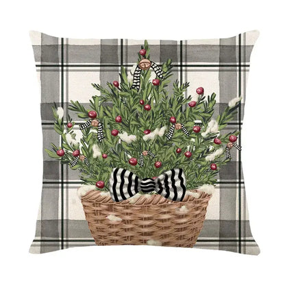 Decorbites christmas letter print pillow cover features plaid linen with woven basket greenery red berries and striped bow