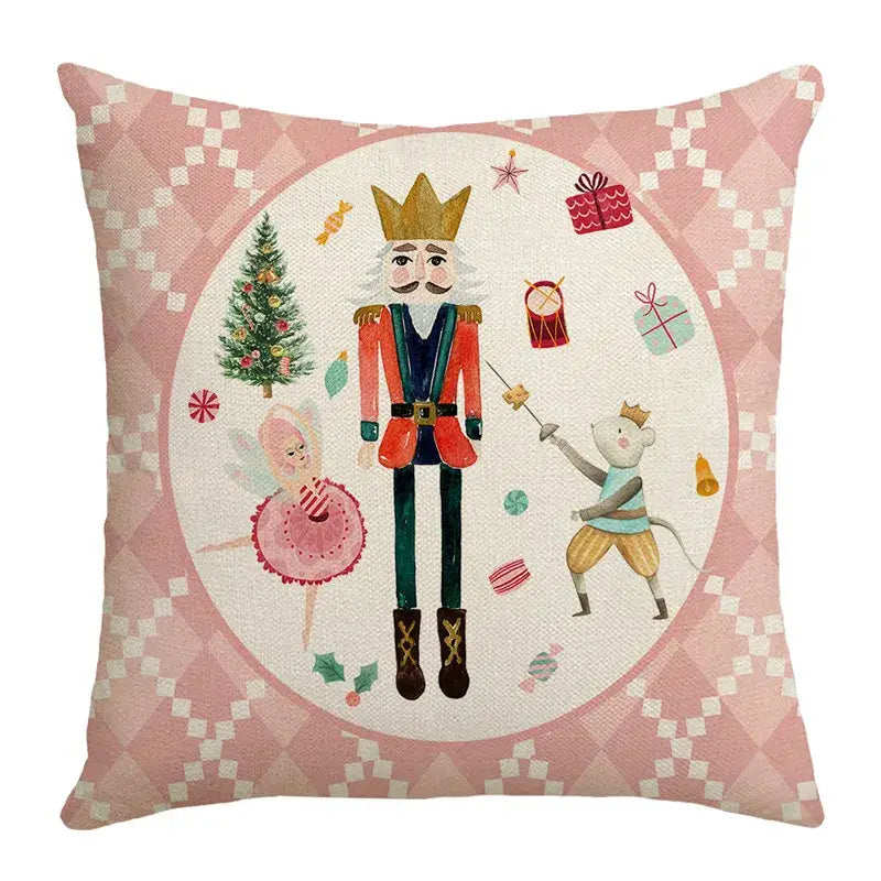 Pink linen pillow cover featuring decorbites christmas letter print with nutcracker soldier and festive holiday elements
