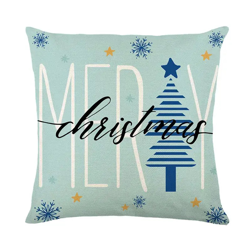 Light blue decorbites christmas letter print linen pillow cover with merry christmas script tree and snowflakes design