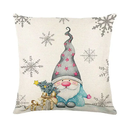 Beige linen pillow cover featuring a cartoon gnome with silver snowflakes decorbites christmas letter print design