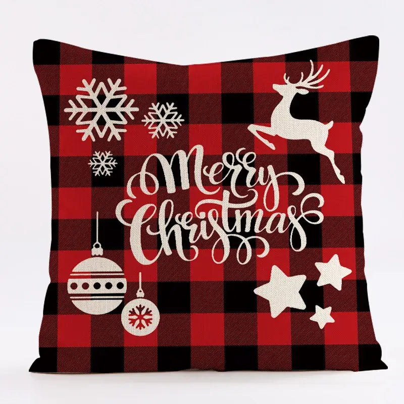 Red and black plaid decorbites christmas linen cushion cover with white snowflakes reindeer and merry christmas script