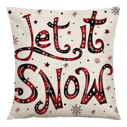Beige decorbites christmas linen cushion cover 45x45cm with red and black plaid let it snow lettering and snowflake decor