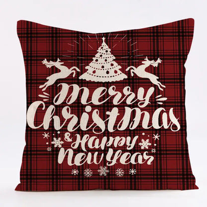 Red plaid decorbites christmas linen cushion cover with merry christmas happy new year text and festive reindeer design