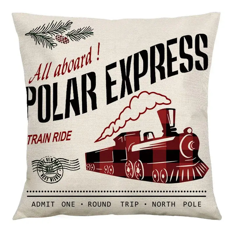 Beige decorbites christmas linen cushion cover 45x45cm featuring a red and black plaid polar express train design with festive pine branches