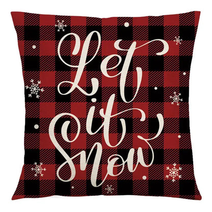 Red and black plaid decorbites christmas linen cushion cover with white let it snow text and snowflake accents for sofa decor