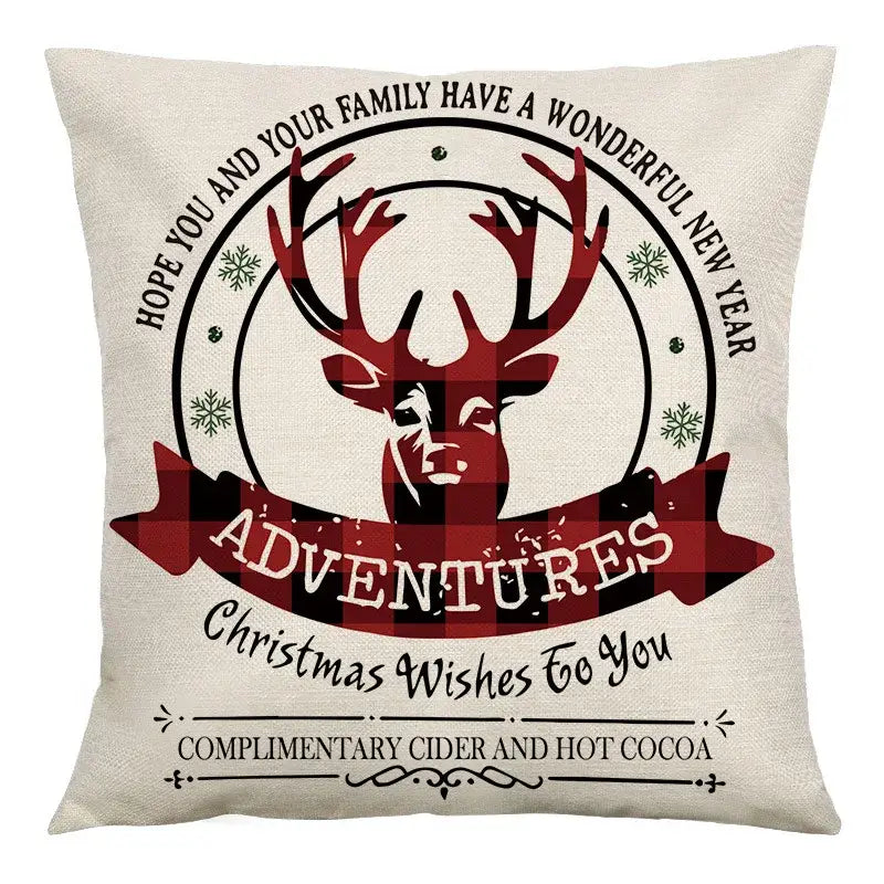 Beige linen cushion cover by decorbites featuring a red and black plaid deer with antlers and snowflake motifs for christmas decor