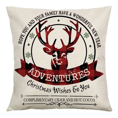 Beige linen cushion cover by decorbites featuring a red and black plaid deer with antlers and snowflake motifs for christmas decor