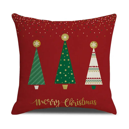 Red christmas linen cushion cover by decorbites featuring three stylized trees and merry christmas script for festive decor