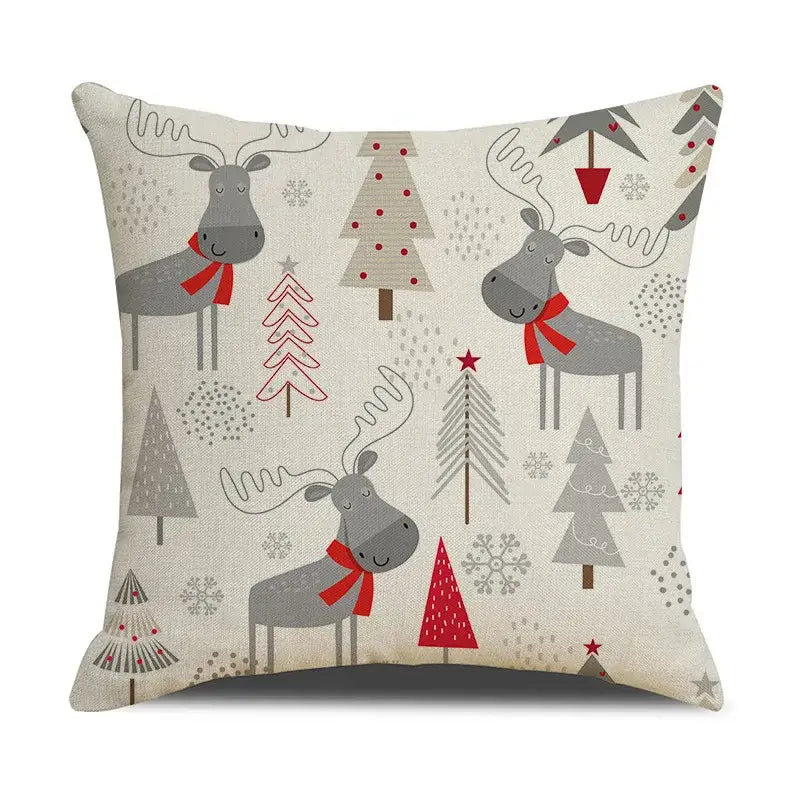 Beige decorbites christmas linen cushion cover with festive gray reindeer and red scarf pattern for living room decor