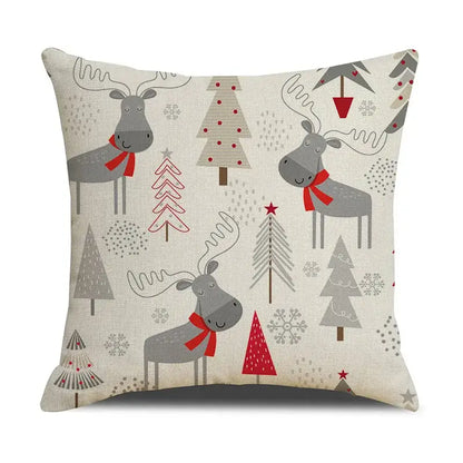 Beige decorbites christmas linen cushion cover with festive gray reindeer and red scarf pattern for living room decor